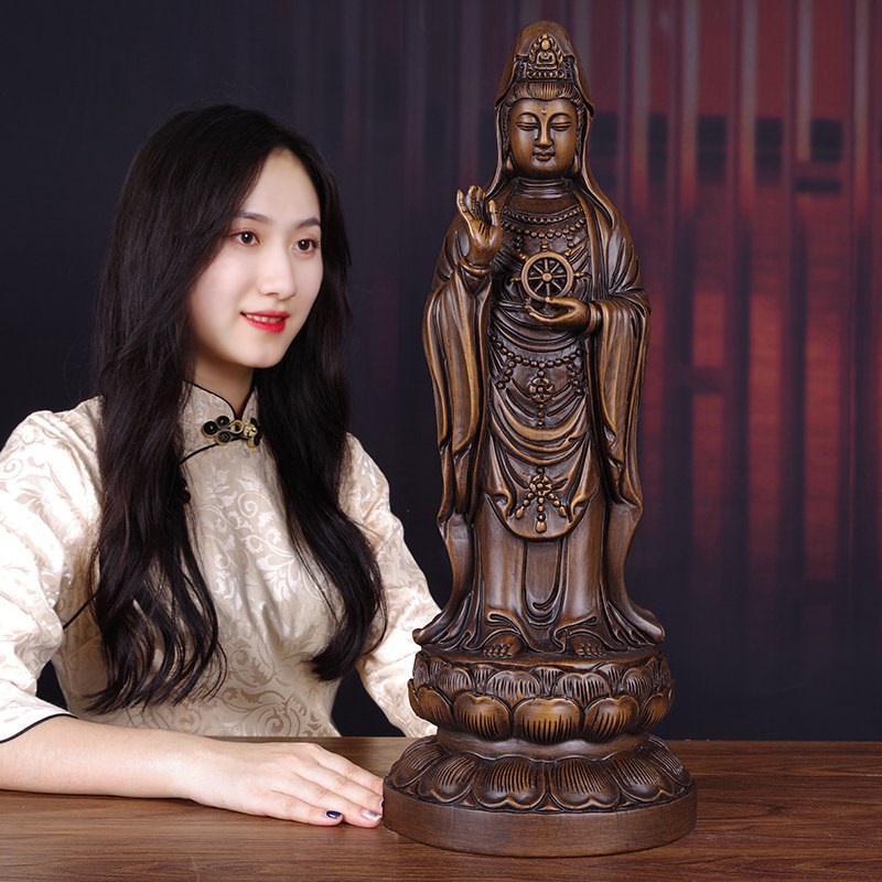 南海观音摆件实木雕塑观世音菩萨佛像供奉客厅玄关柜乔迁新居礼品