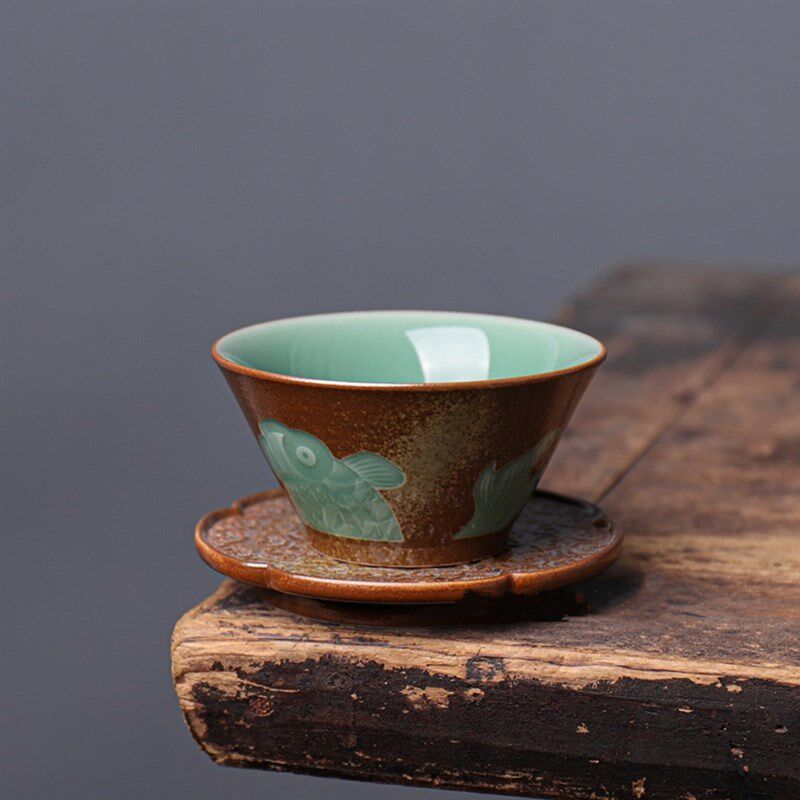 廖道剑手工草木灰梅子青瓷 如鱼得水茶杯子 主人品茗杯子陶瓷杯垫