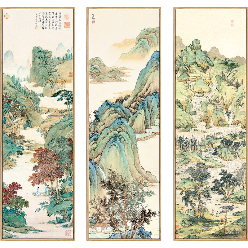 新中式玄关山水挂画竖版装饰画古代名家水墨画客厅茶室背景墙壁画