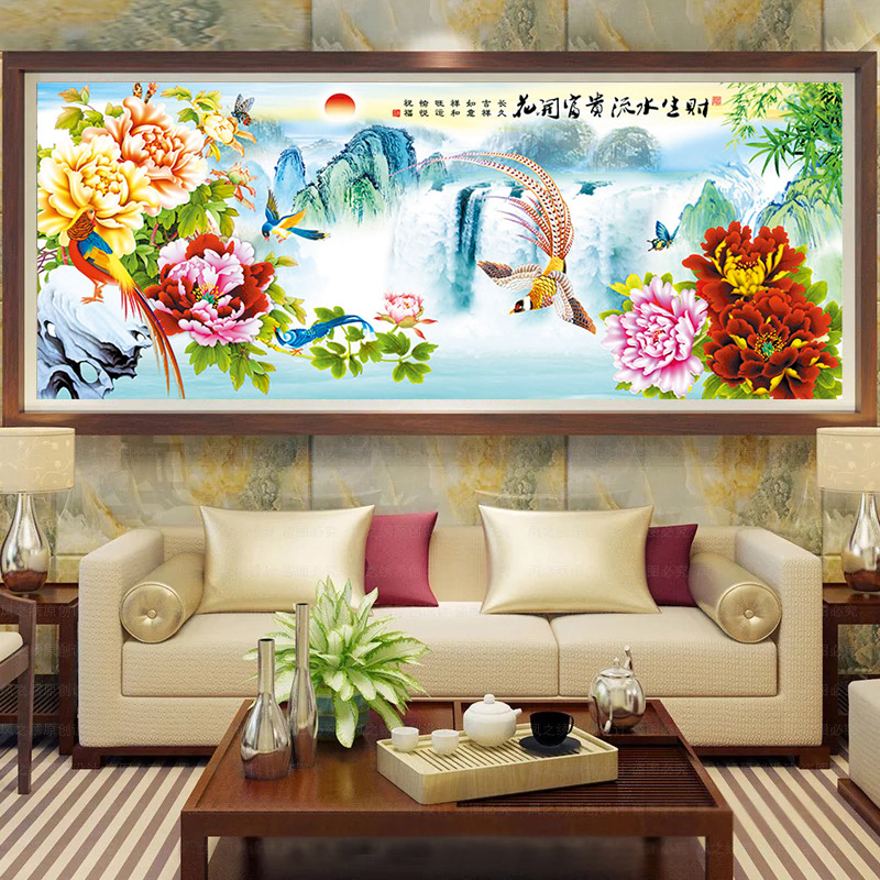 百鸟图花开富贵流水生财十字绣2025新款线绣客厅凤凰山水画风景画