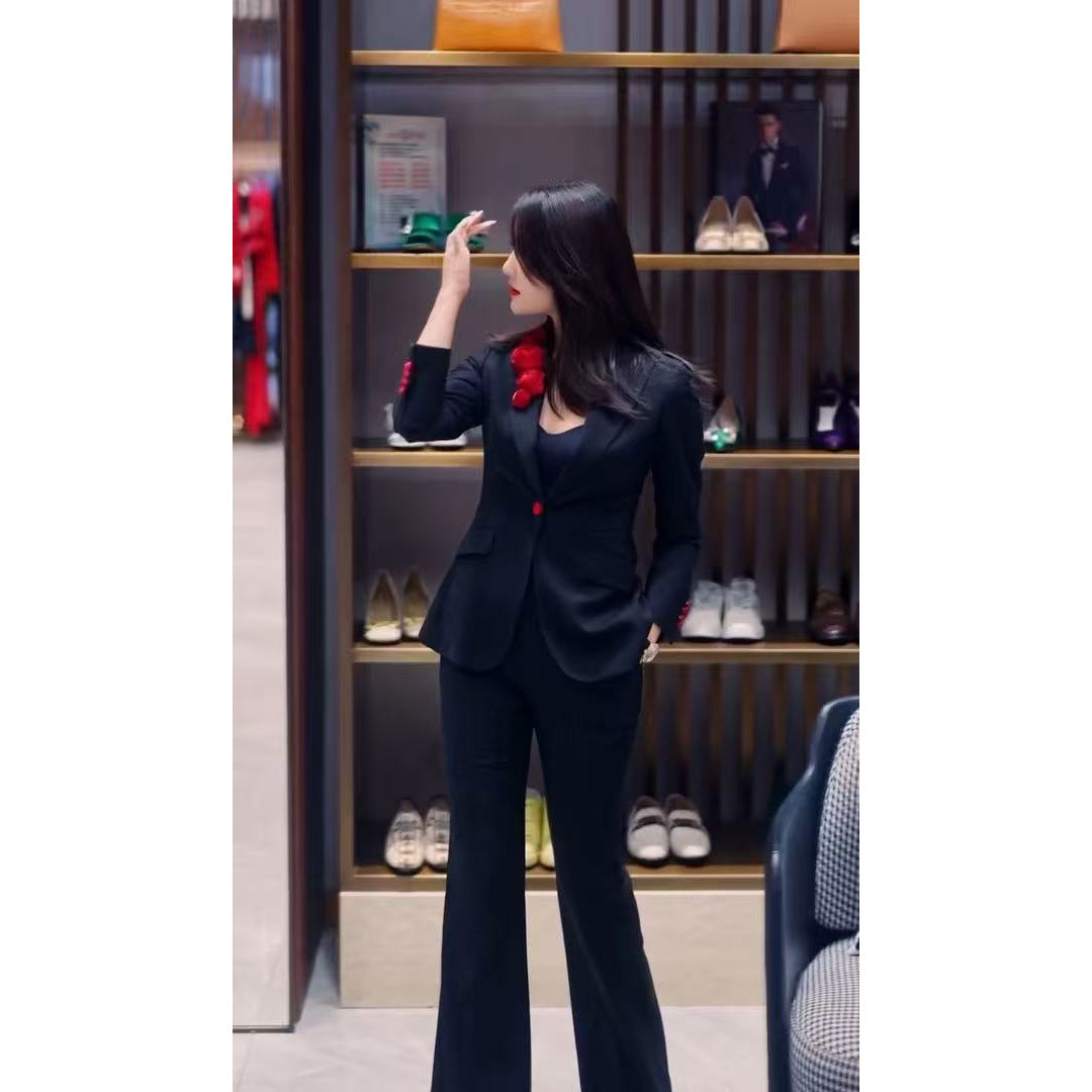 黑色红玫瑰西装外套女职业修身显瘦微喇裤套装职场正装
