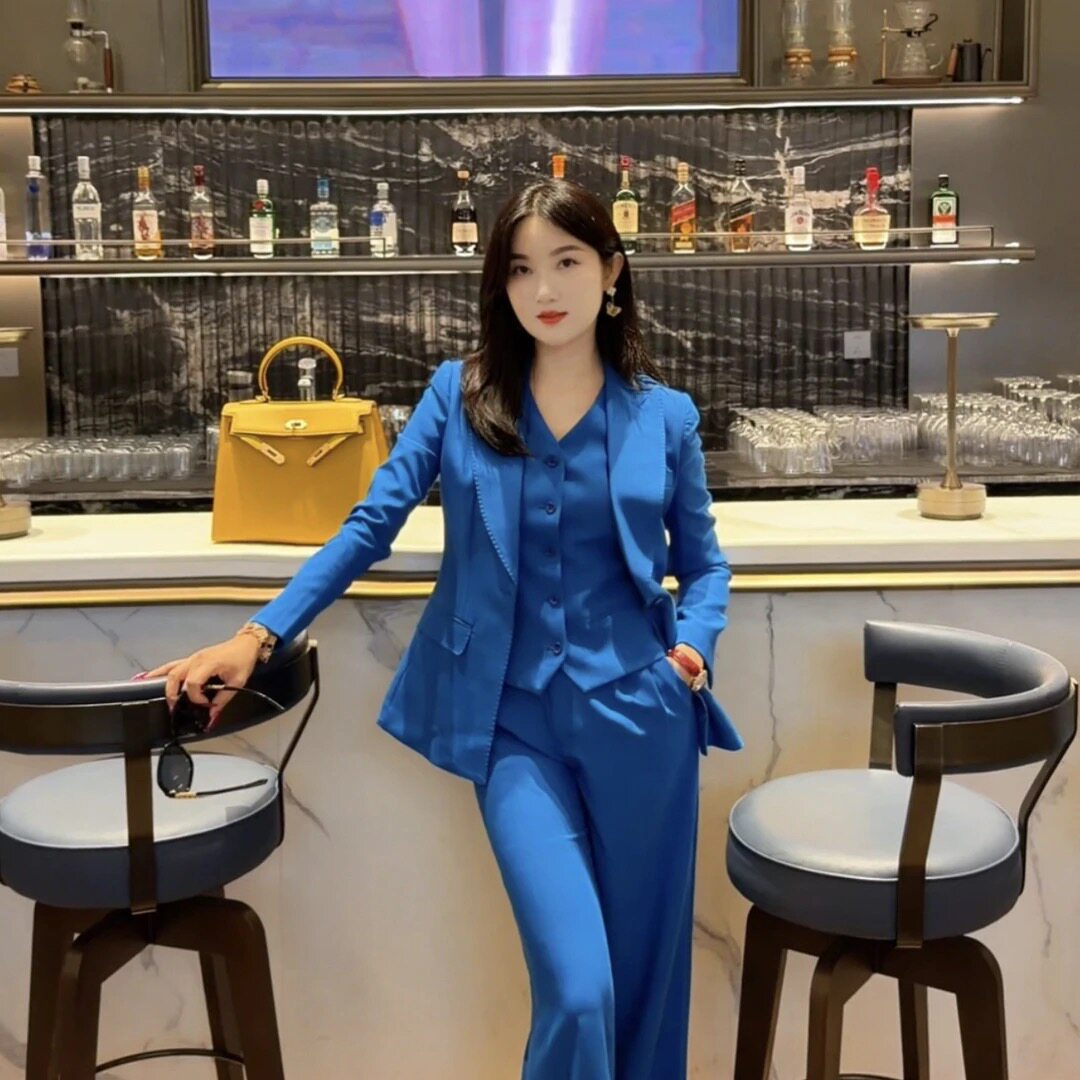 【臻韩美】宝蓝色直筒裤三件套西装职场穿搭高级感气质大女主外套
