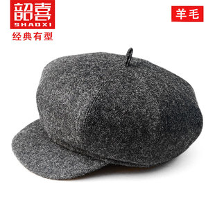 新款秋冬毛呢八角帽时尚老年人帽子男冬季中年爸爸加厚保暖帽子潮
