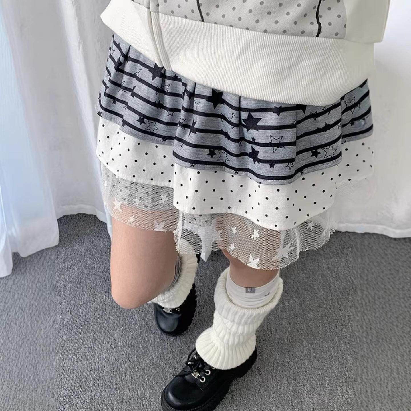 美式条纹星星蕾丝拼接屁帘女小众设计感亚萌感半身裙短裙腰围