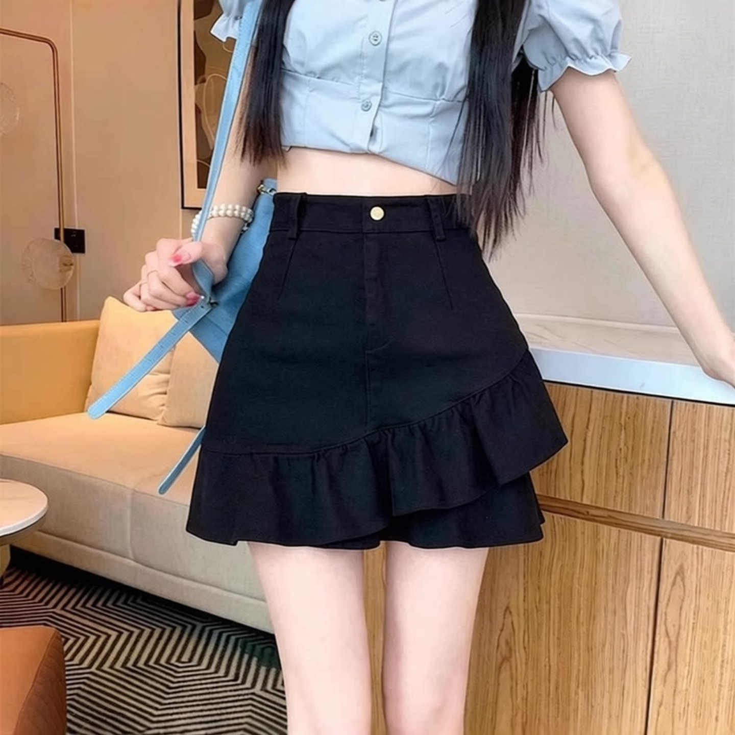 不规则荷叶边半身裙夏高腰字包臀显瘦白色牛仔短裙女小个子