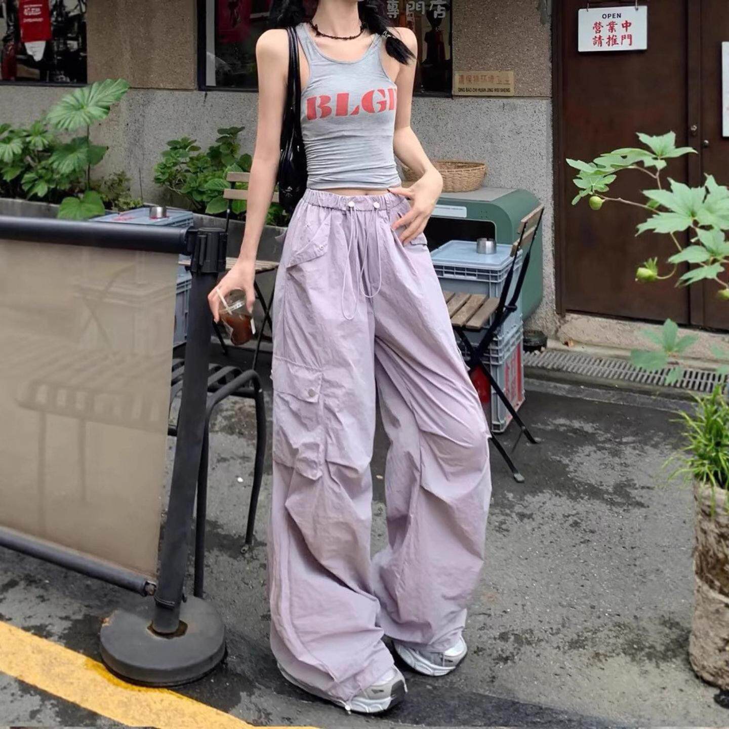 多巴胺紫色工装裤女夏季裤子女款薄款速干防晒休闲运动直筒阔腿裤