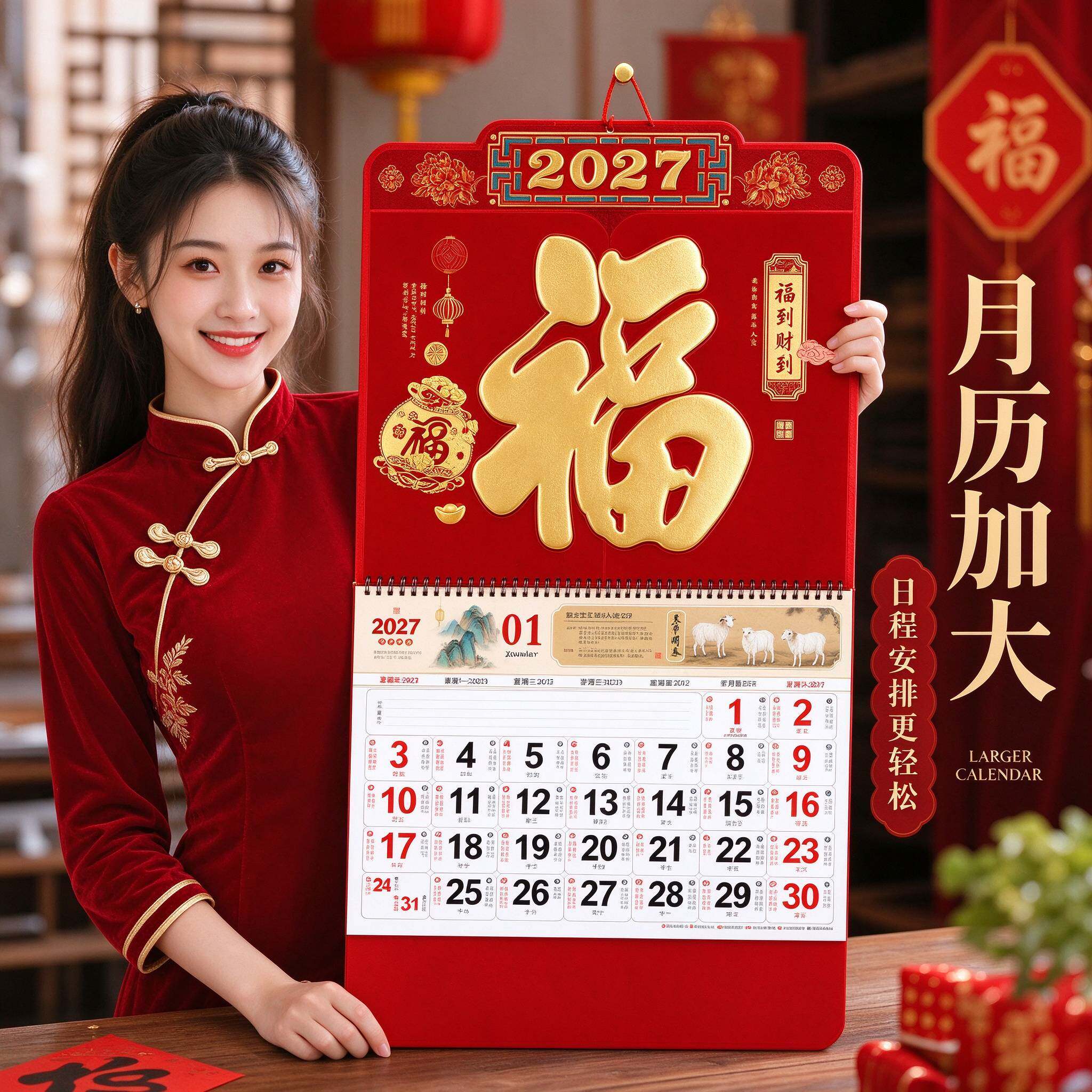 2027羊年加厚福字手撕挂历定制
