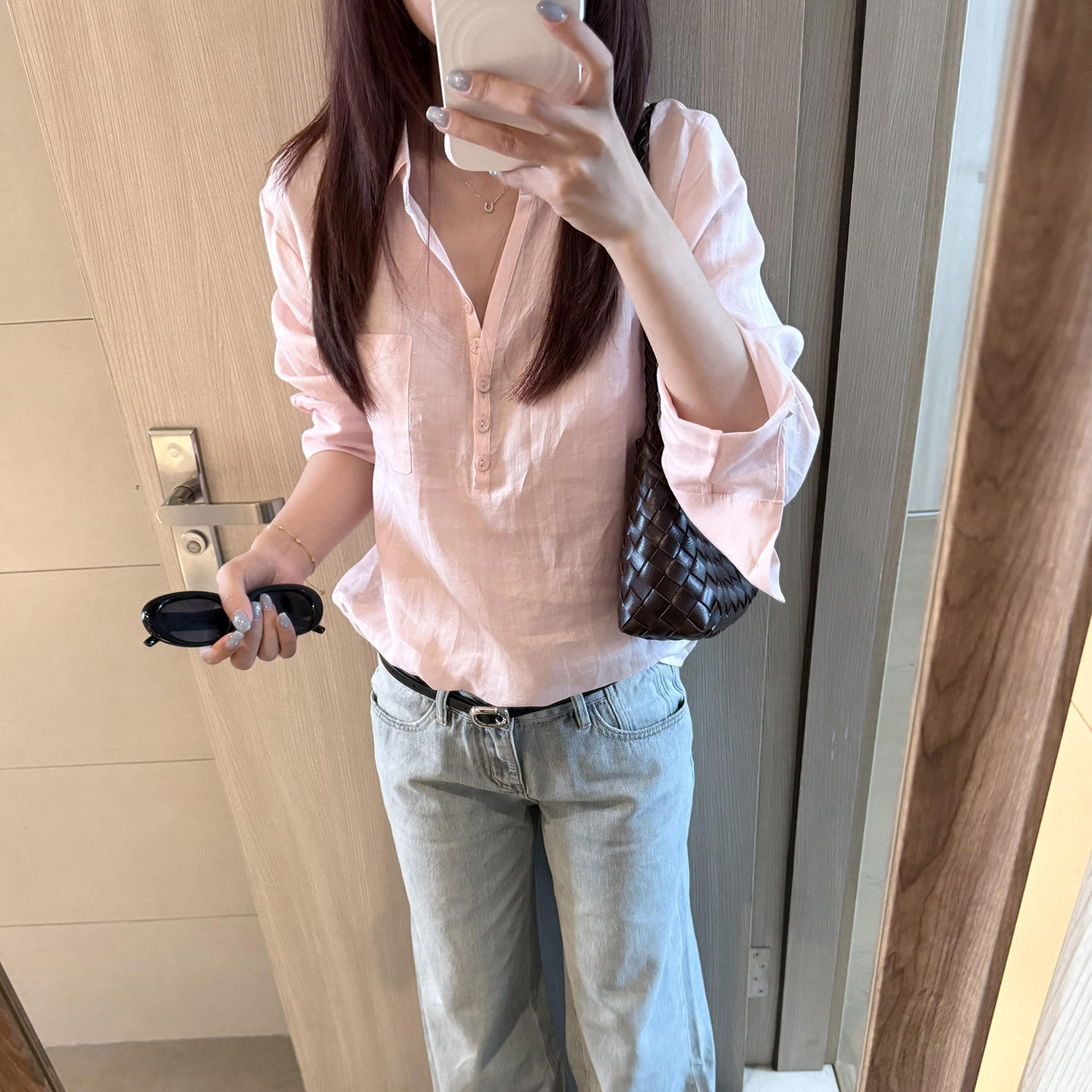韩系复古粉色polo半开防晒衬衫女夏季设计感通勤宽松休闲百搭上衣