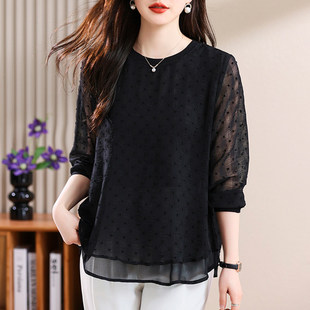大码黑色蕾丝衫女士2026春季新款女装胖mm宽松遮肚子洋气打底上衣