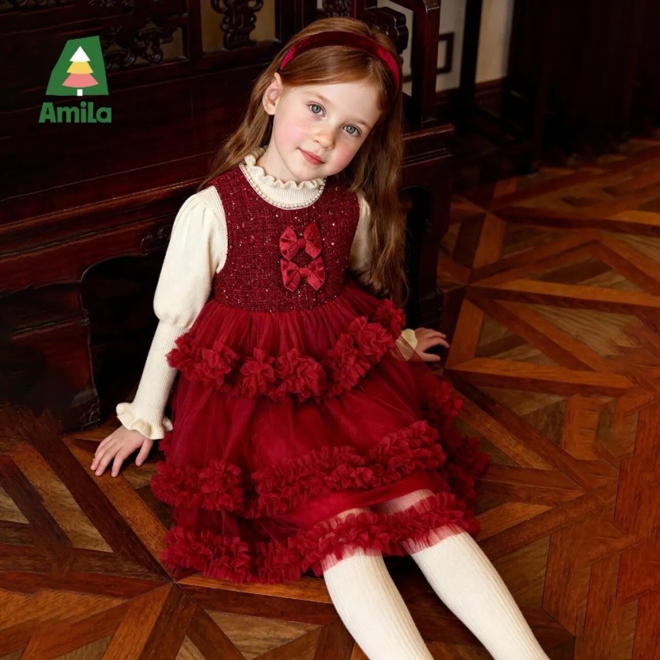 Amila女童连衣裙两件套2025新款冬季加绒儿童裙子宝宝公主裙套装