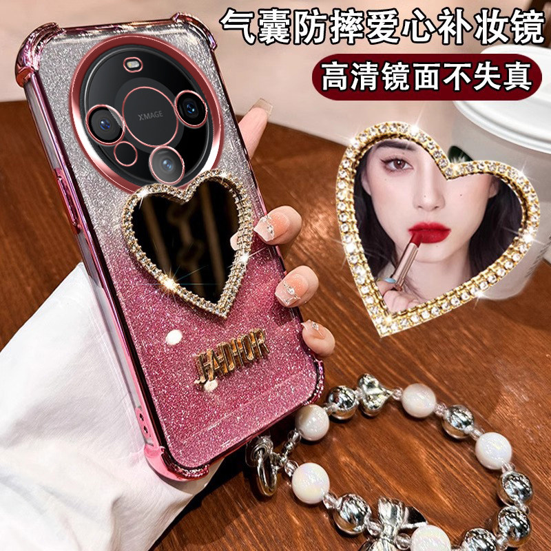 适用华为mate60手机壳meta60pro保护套m60por硅胶自带镜头膜全包防摔软壳mt支架女款pr0镜子带钻外壳个性网红
