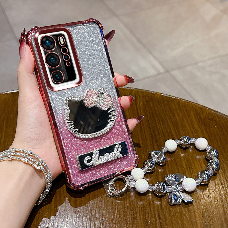 适用华为P40Pro手机壳P40pr0保护硅胶套ELS一AN00自带镜头膜全包气囊防摔TN镜子支架软外壳女款吸新款带钻潮