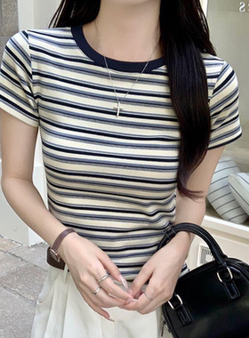 女士夏季新款条纹正肩短袖