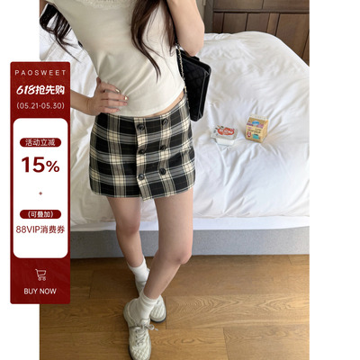 paosweet 利兹学院 英伦学院风双排扣格纹高腰显瘦包臀短款半身裙