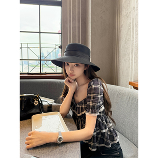 paosweet 复古黑白格蕾丝方领泡泡袖荷叶边收腰纯棉短袖上衣女