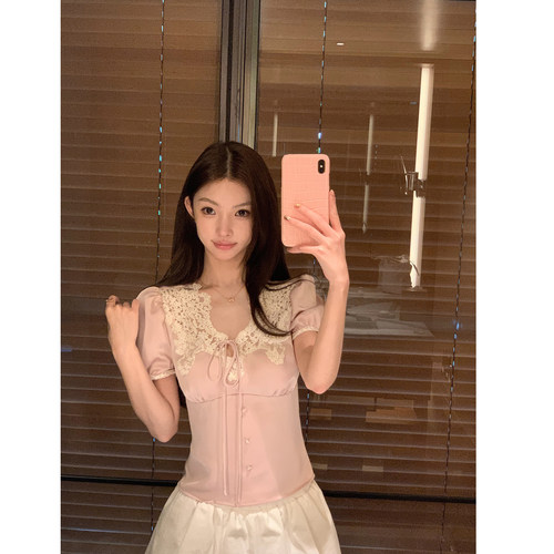 paosweet ch*1oe重工蕾丝 设计感小众定制蕾丝缎面短袖T恤上衣女