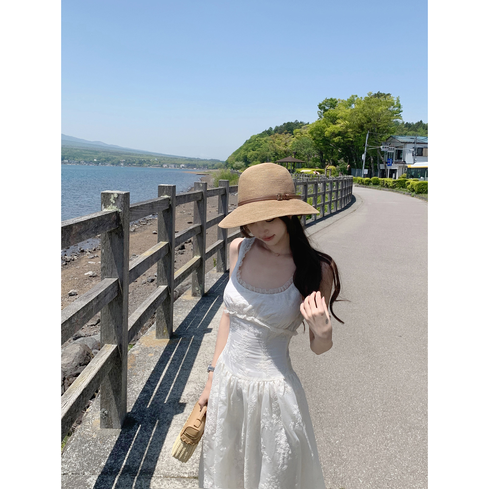 paosweet 夏野来信 白色法式修身A字蕾丝提花中长款吊带连衣裙夏