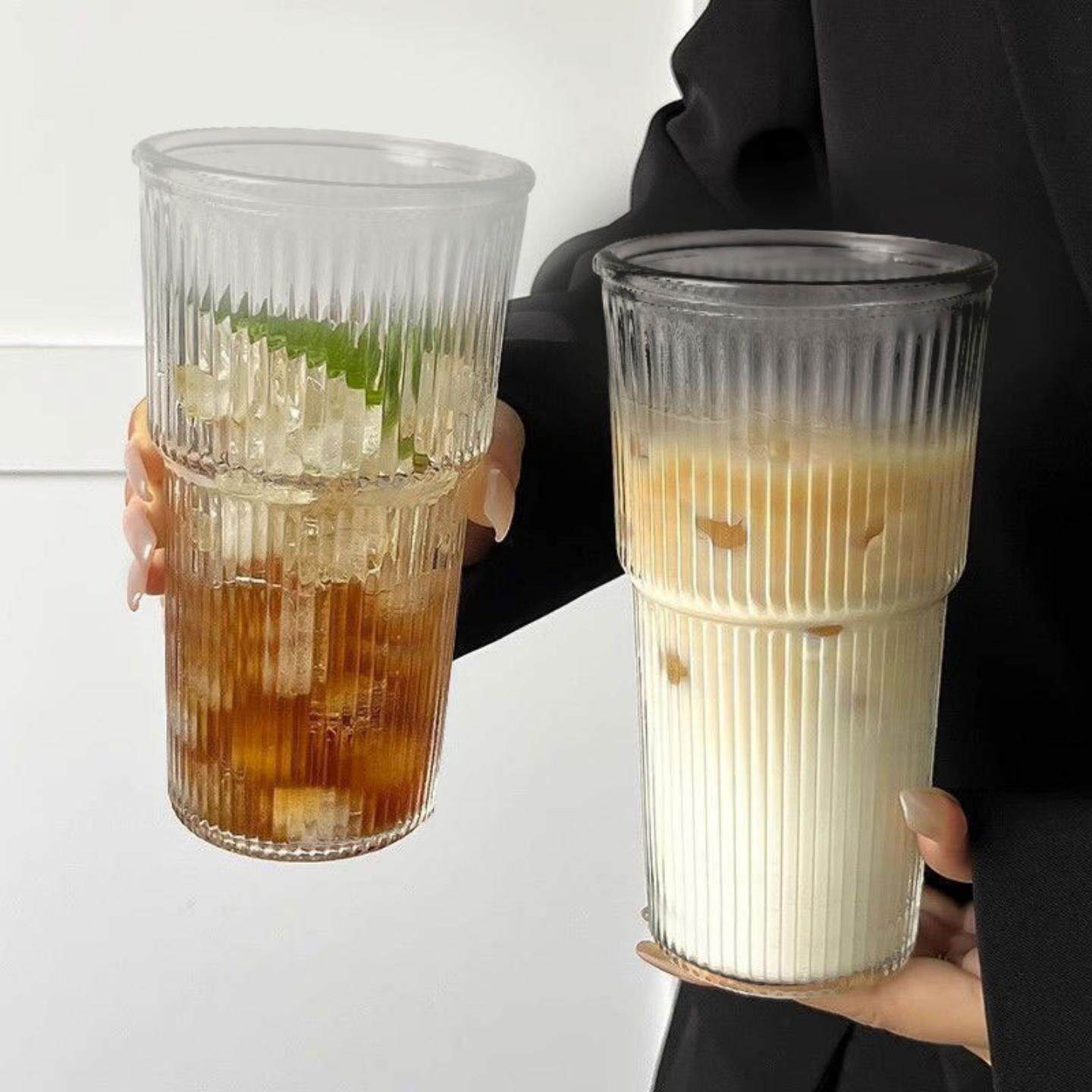 竖纹玻璃杯风高级感带盖水杯女家用冷饮咖啡杯子促销礼品杯子