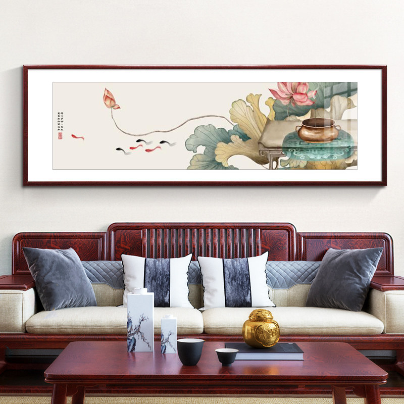 新中式客厅装饰画沙发背景墙挂画横幅荷花九鱼图卧室床头手绘壁画