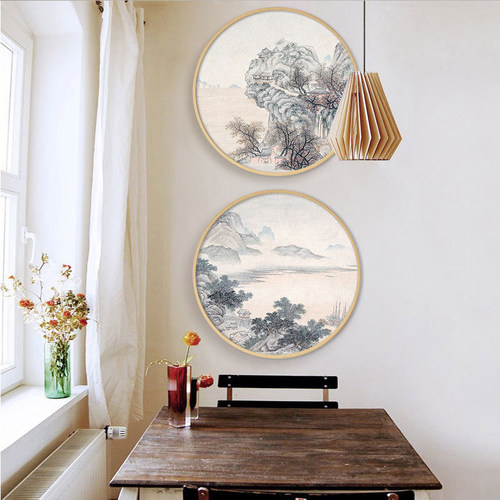 新中式圆形画明清古典水墨山水客厅装饰画幽居楼阁花鸟小品玄关画