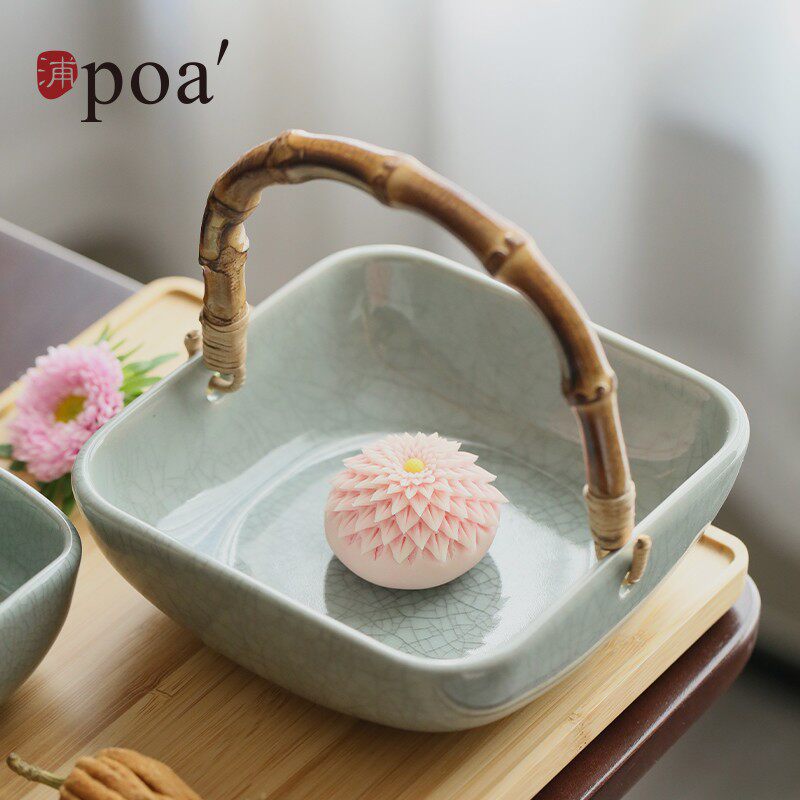 浦poa竹柄中式提篮陶瓷盘 手工冰裂纹点心盘小清新风格