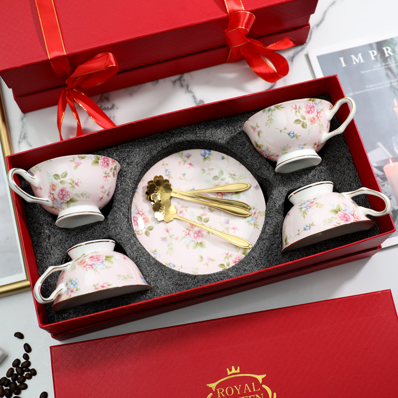 精美出口朵花英式下午茶具花茶杯 骨瓷咖啡杯带勺6件套高档礼盒装