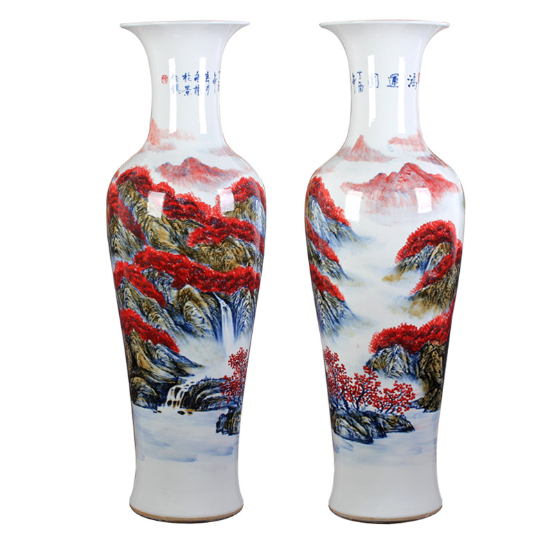 景德镇陶瓷手绘釉里红青花山水落地大花瓶家居客厅装饰摆件送礼品