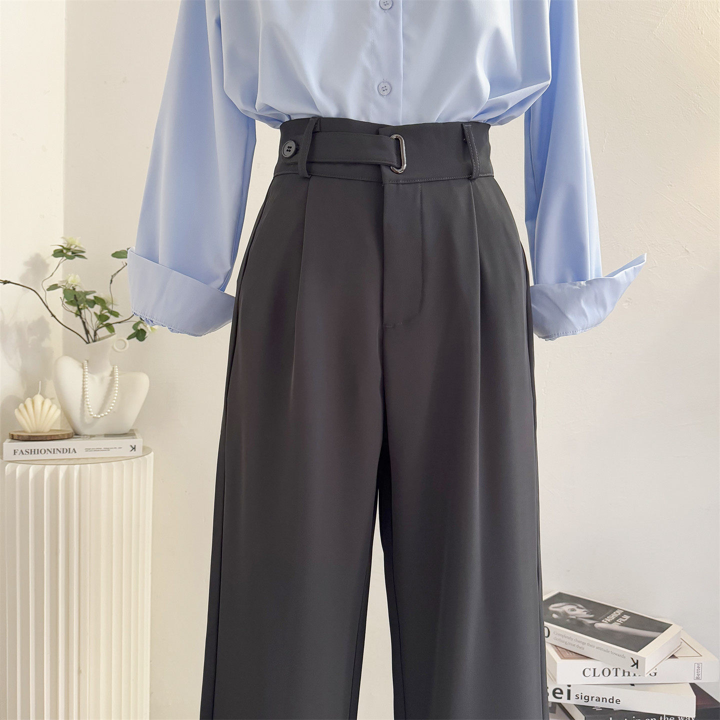 垂感灰色西装裤女2026春夏设计感高腰直筒宽松窄版阔腿裤休闲西裤