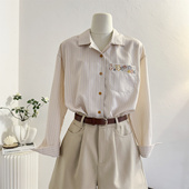 女长袖 法式 翻领条纹衬衫 2026春花朵刺绣宽松通勤衬衣减龄休闲上衣