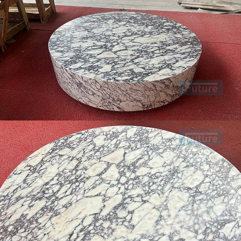 天然大理石卡紫圆柱形咖啡桌石材台面家具按要求设计茶几边几饭桌