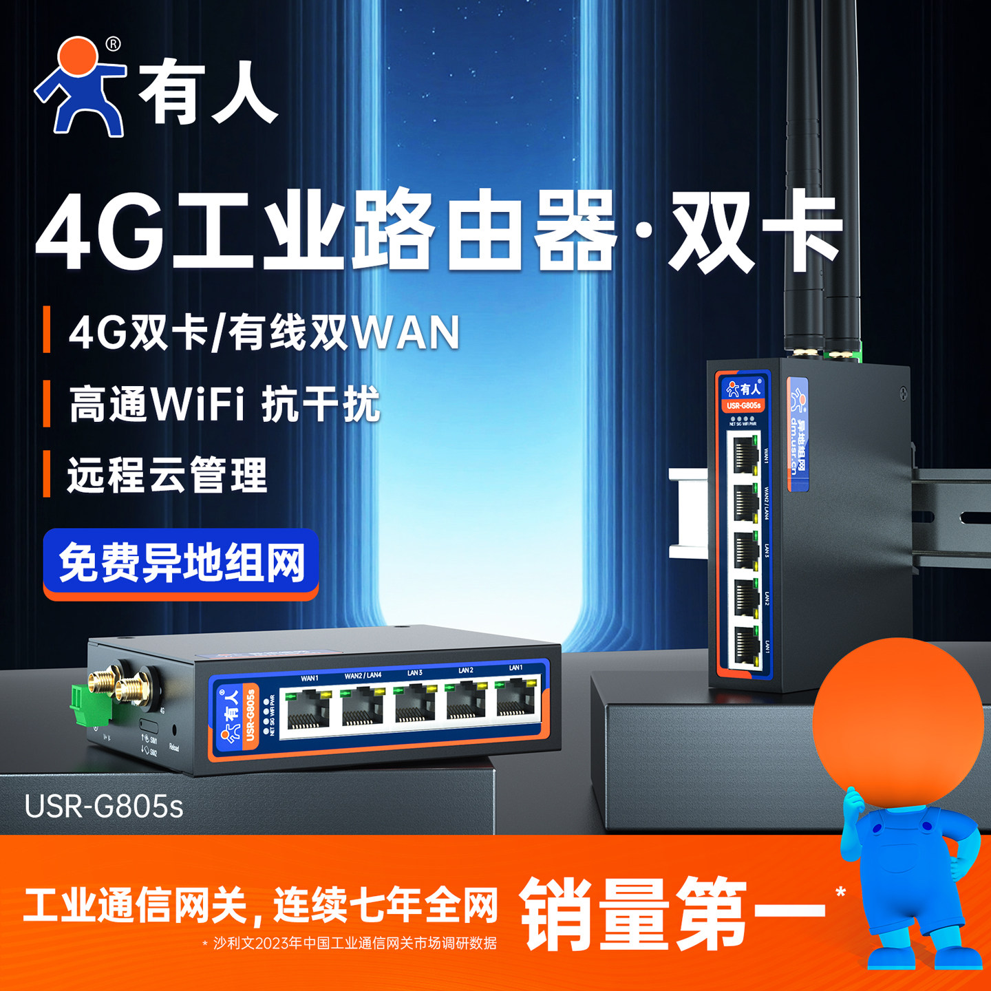 有人4G插卡工业路由器双卡多网口CPE异地组网wifi无线sdwan双wan口全网通plc远程调试上下载运维 G805S