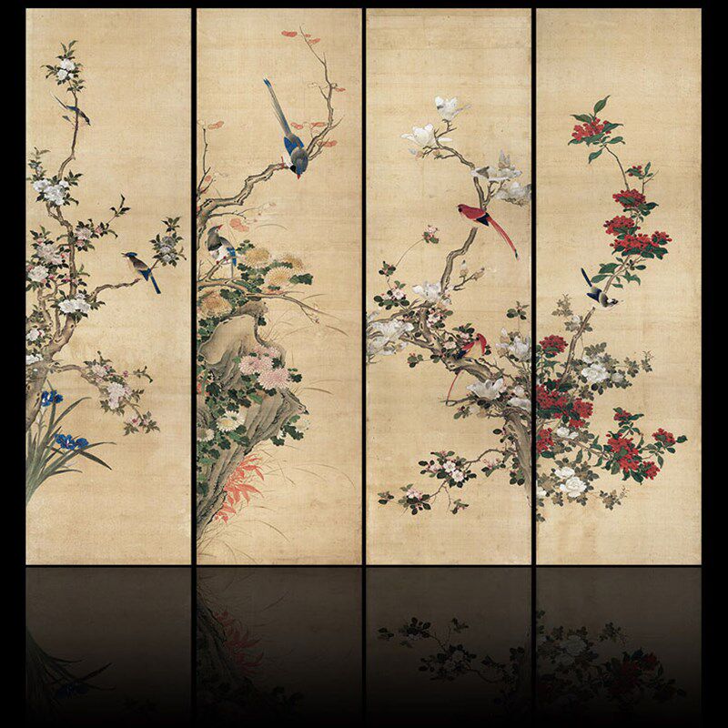 MH54无框画 传统中式装饰画 书房餐厅走廊花鸟工笔四联屏挂画