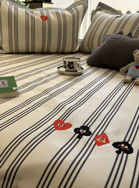 A类母婴级黑色条纹卡通刺绣冰丝席凉感空调席床笠款三件套软席子