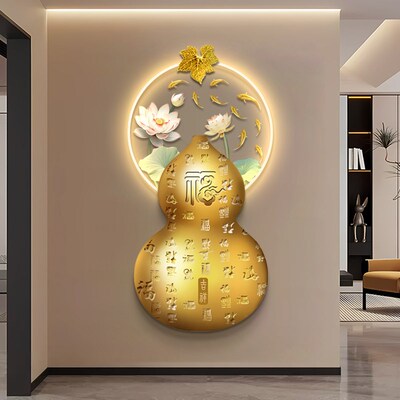 新中式玄关发光装饰画百福图葫芦进门正对墙挂画九鱼图LED灯壁画