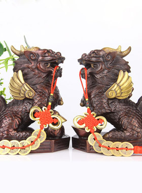 紫铜色铜八卦麒麟摆件铜麒麟摆件一对开业礼品