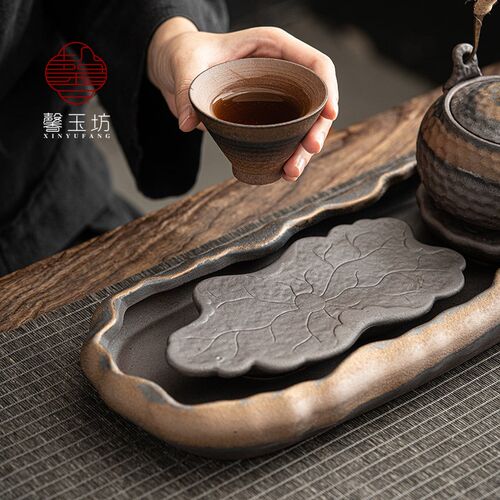 馨玉坊日式小型茶盘家用干泡台储水简易功夫茶具壶承复古托盘茶台