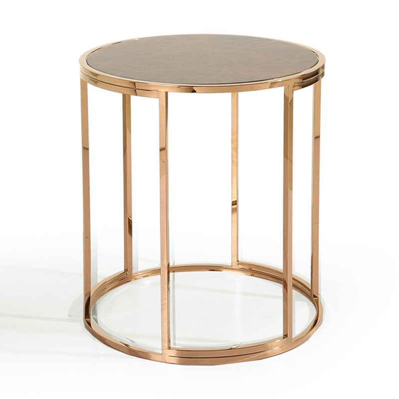 轻奢圆形客厅金属玫瑰金边几洽谈厅简约边桌浅啡网大理石钢化圆桌
