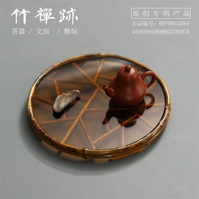 竹禅迹梅鹿竹茶盘 冰裂纹茶色玻璃干泡台家用托盘茶具收纳盘赏盘