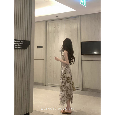 法式复古豹纹碎花吊带裙
