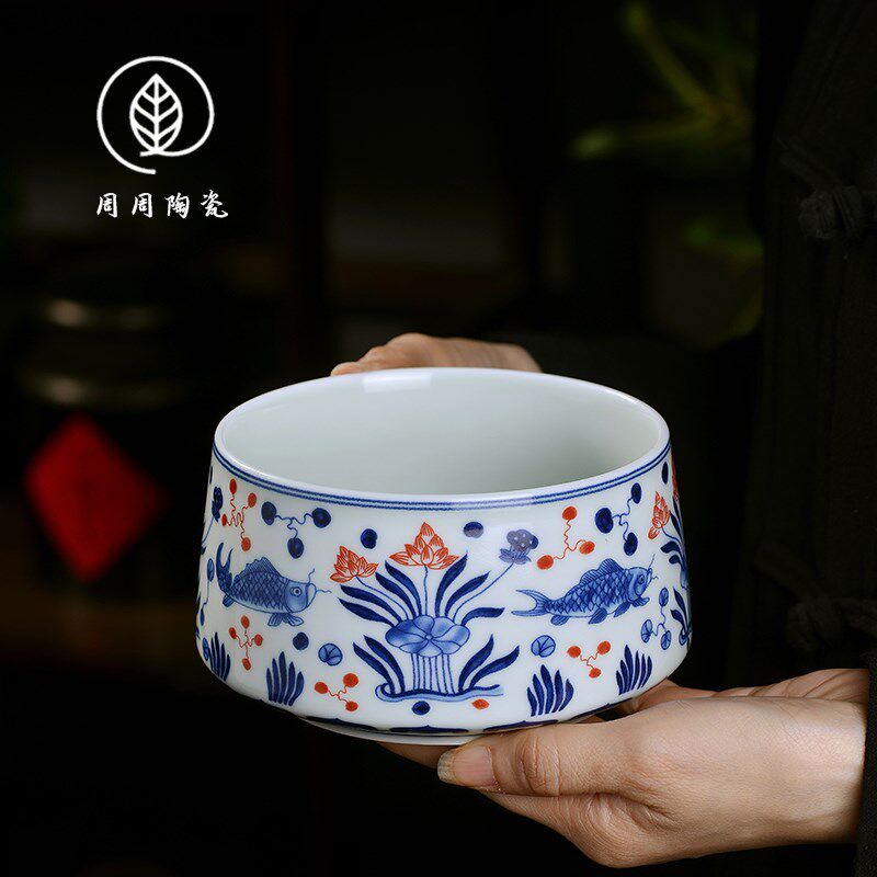 景德镇青花鱼藻纹茶洗水盂家用茶渣缸陶瓷水洗杯废水缸茶道零配件