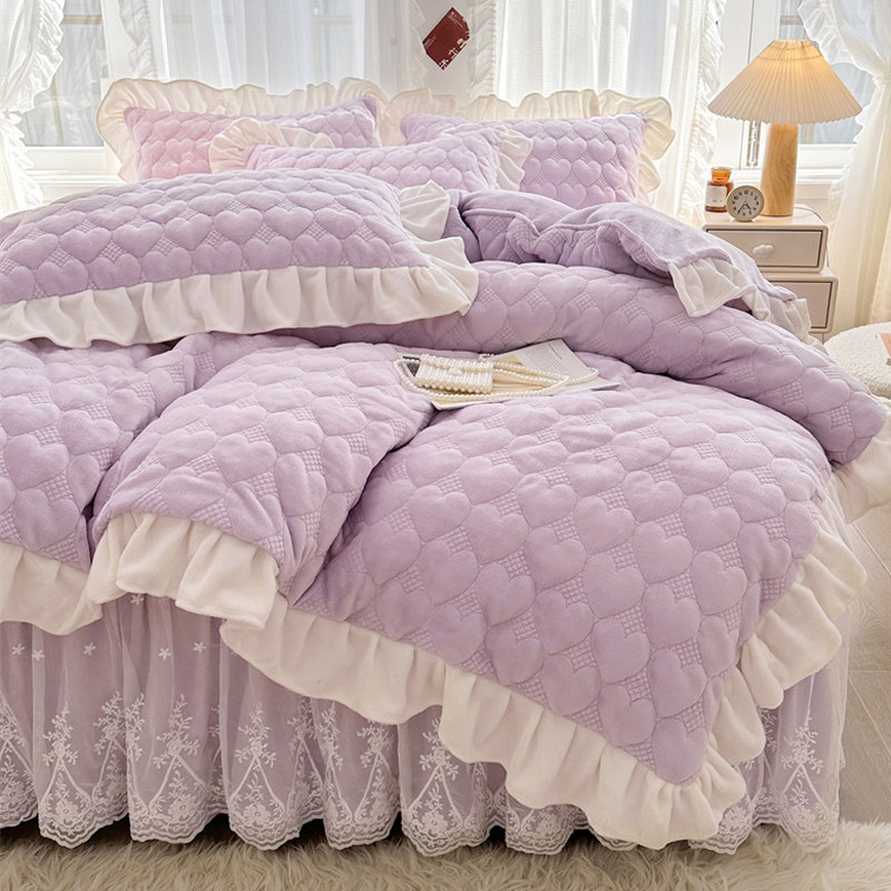 冬天夹棉绗缝加厚两用被套单件保暖双面加绒公主风花边被罩