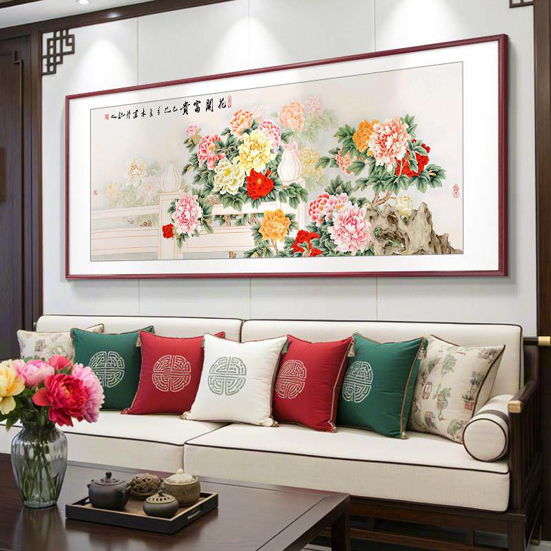 室牡丹花挂画新中手式客CLM90897厅沙发背景墙饰装画花开富贵卧床