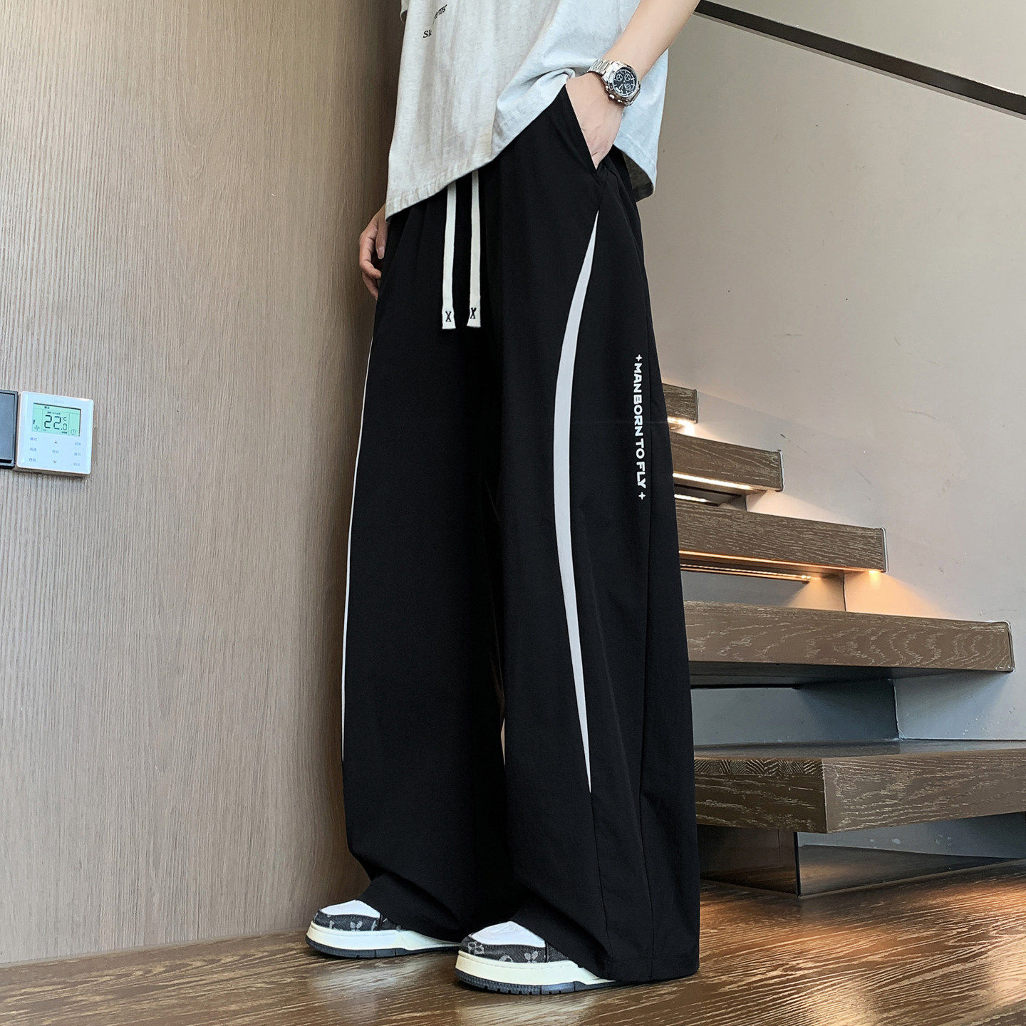 夏季重磅款青少年冰丝港风休闲裤时尚撞色条纹设计垂感轻薄长裤