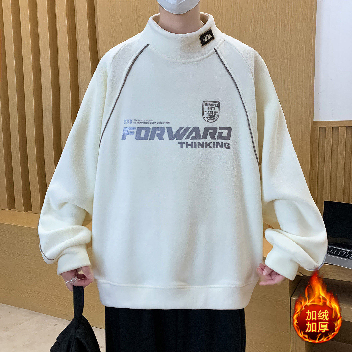 秋冬上新青少年半高领奥粒绒卫衣领口贴设计时尚潮流百搭加厚卫衣