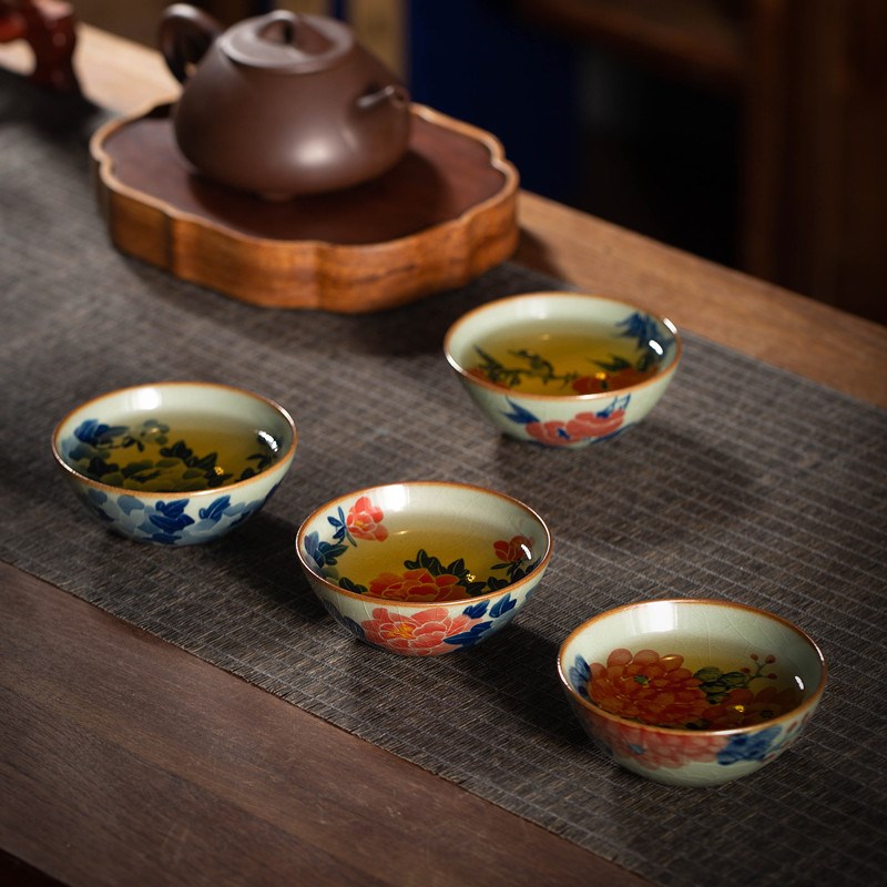 景德镇主人杯单杯 手绘牡丹柿子釉下五彩小号茶杯 内画青花普洱杯