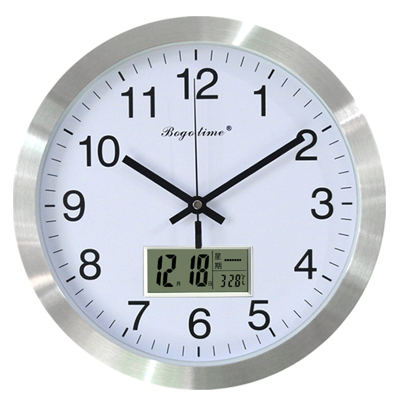 客厅圆形金属电子日历星期挂钟表创意静音机芯时尚时钟家用石英钟