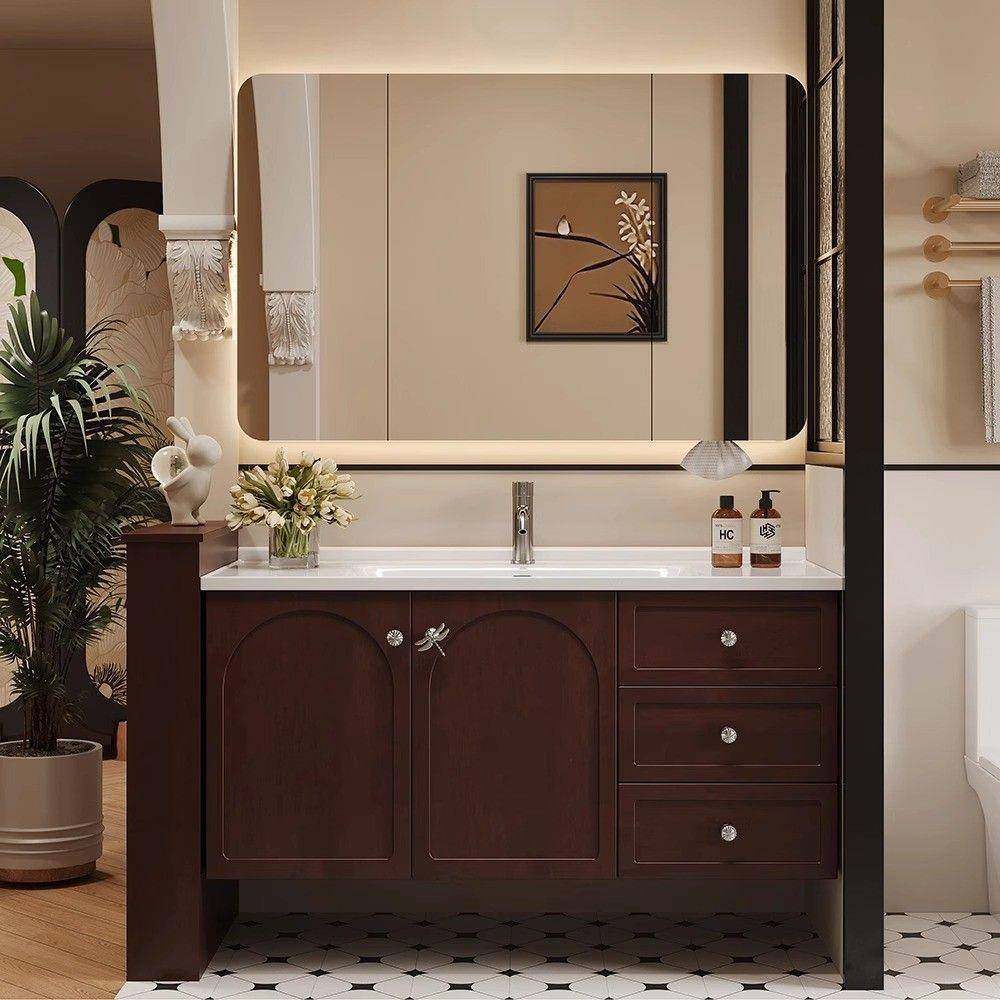 古风法式橡木洗脸盆中式复古洗漱陶瓷一体卫生间洗手台组合浴室柜