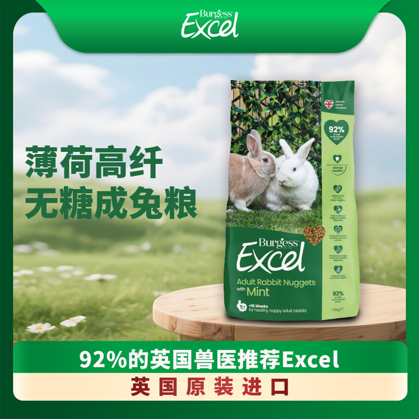 【官方授权店】英国现货Burgess布格斯薄荷兔粮1.5kg原装香港直邮