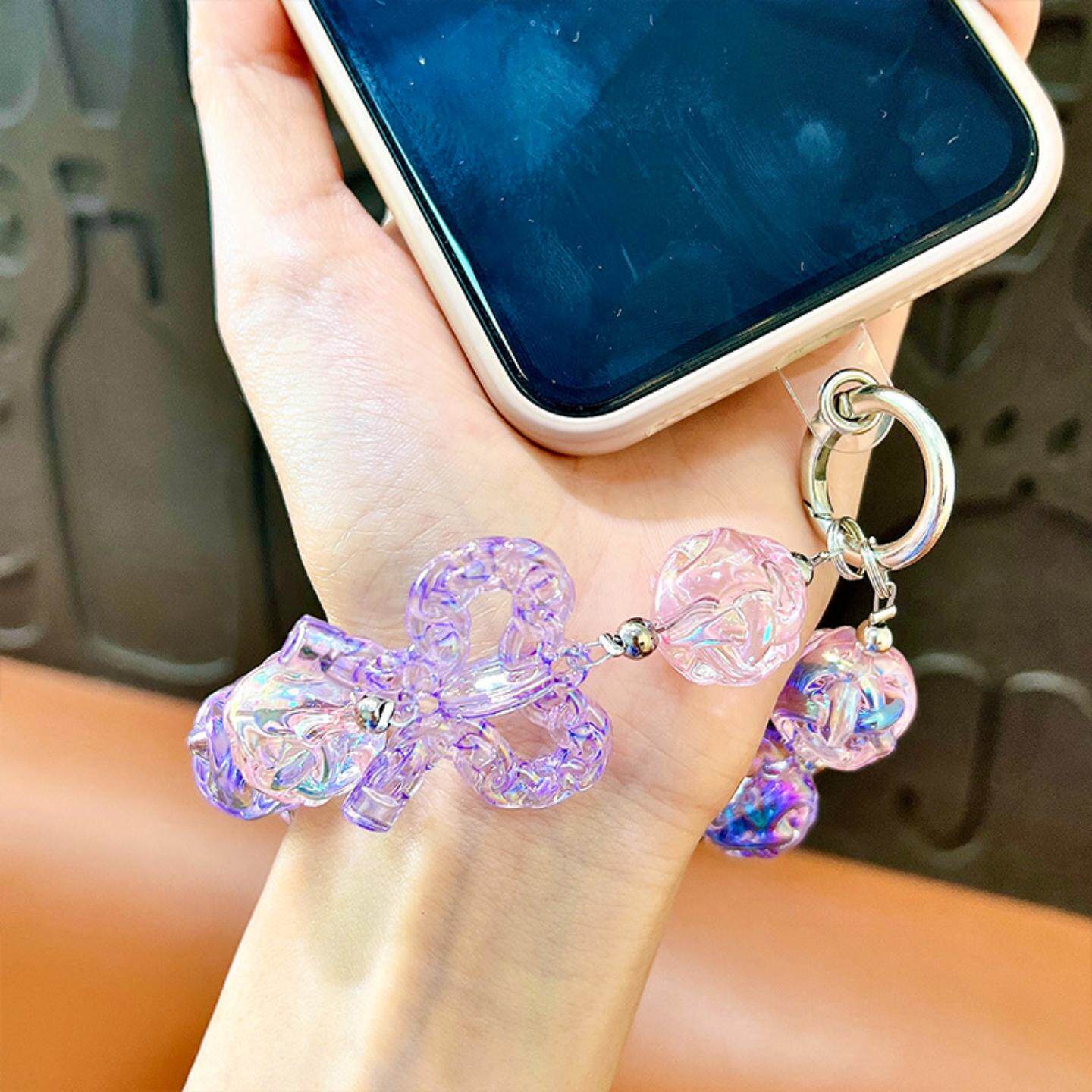 创意水晶透明结串珠钥匙扣精致花朵短款手腕挂件手机链手提链