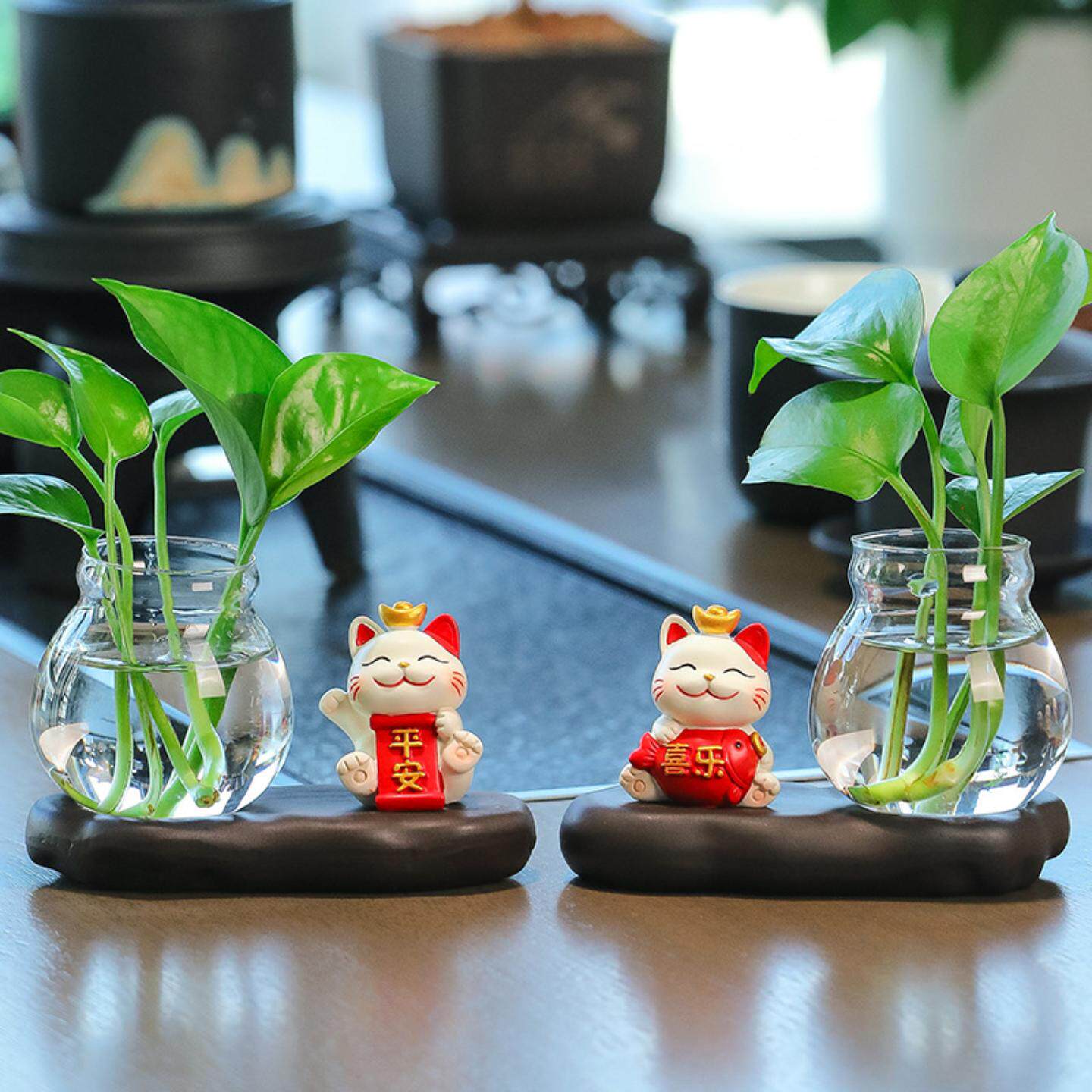 招财猫摆件卡通花瓶高级感轻奢小摆件绿植水培树脂公仔办公装饰品